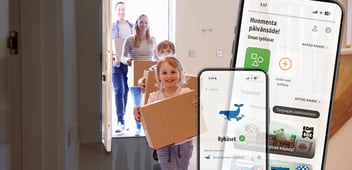 Family moving into a house and phone screens on the right with KSS Energy's app UI open