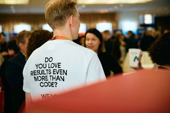 a person backwards to the camera with text