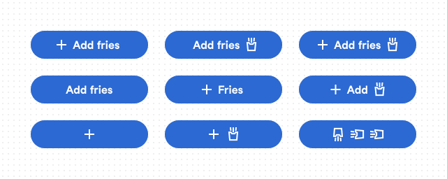 A 3x3 grid of buttons showing various text and icon combinations, ranging from standard layouts to cluttered ones. The bottom-right button contains only icons: three fries containers rotated to spell “A D D”.