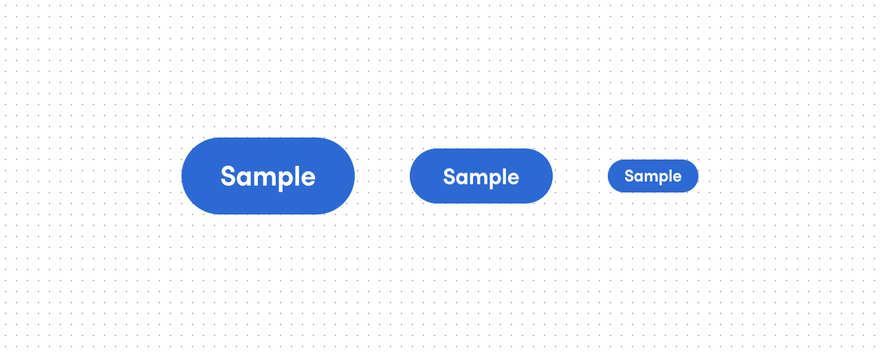 A horizontal line of three blue buttons, each with the text "Sample," displayed in a descending order of size from left to right.