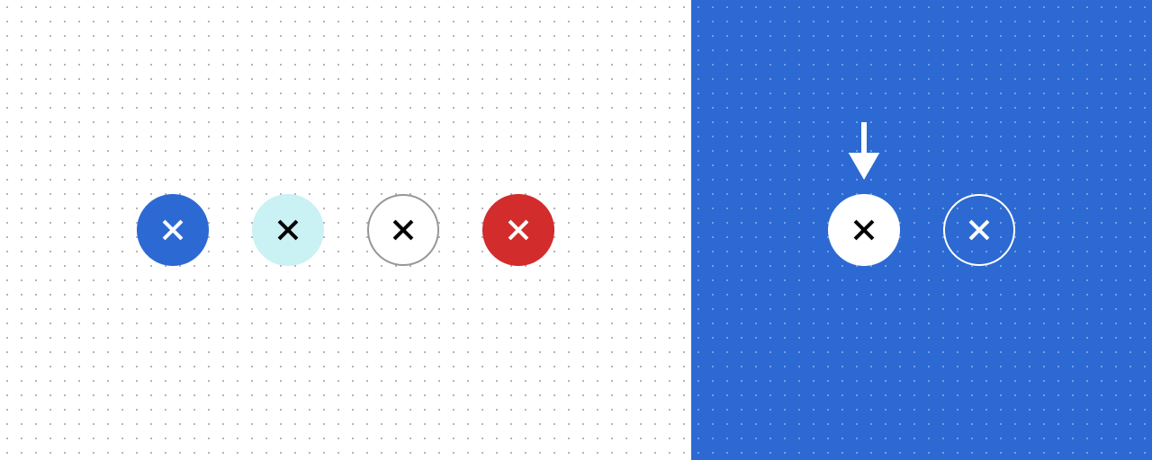 A row of circular "close" buttons in various colors. On the right side, against a blue background, an arrow points to a solid white button with a black "X" icon.