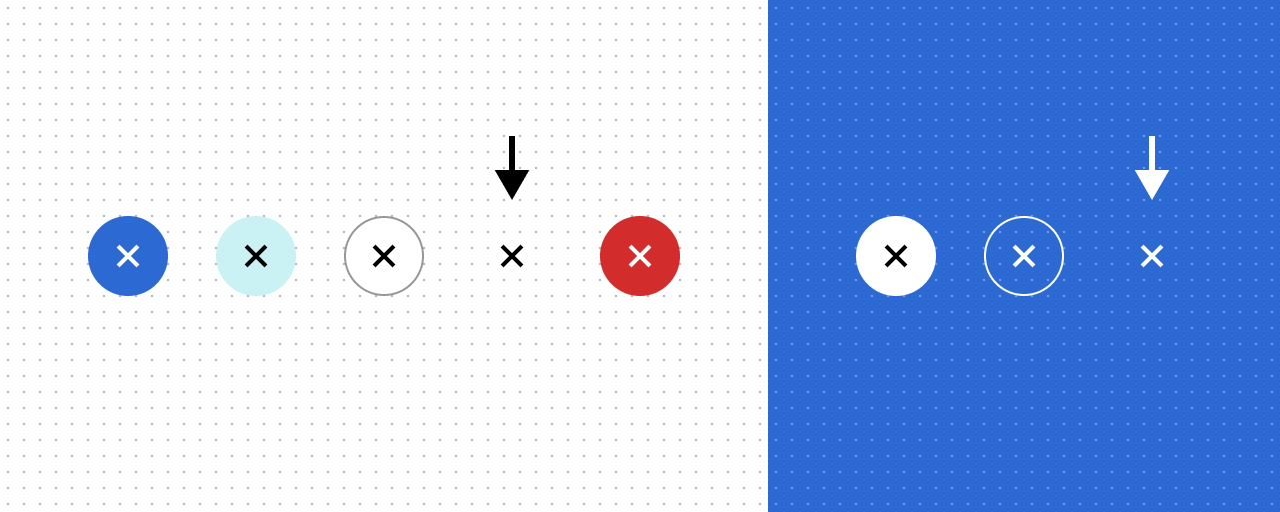 Two groups of circular "close" buttons displayed on white and blue backgrounds. Arrows point to the new "clear" style variants: a standalone black "X" icon on the white background, and a standalone white "X" icon on the blue background.
