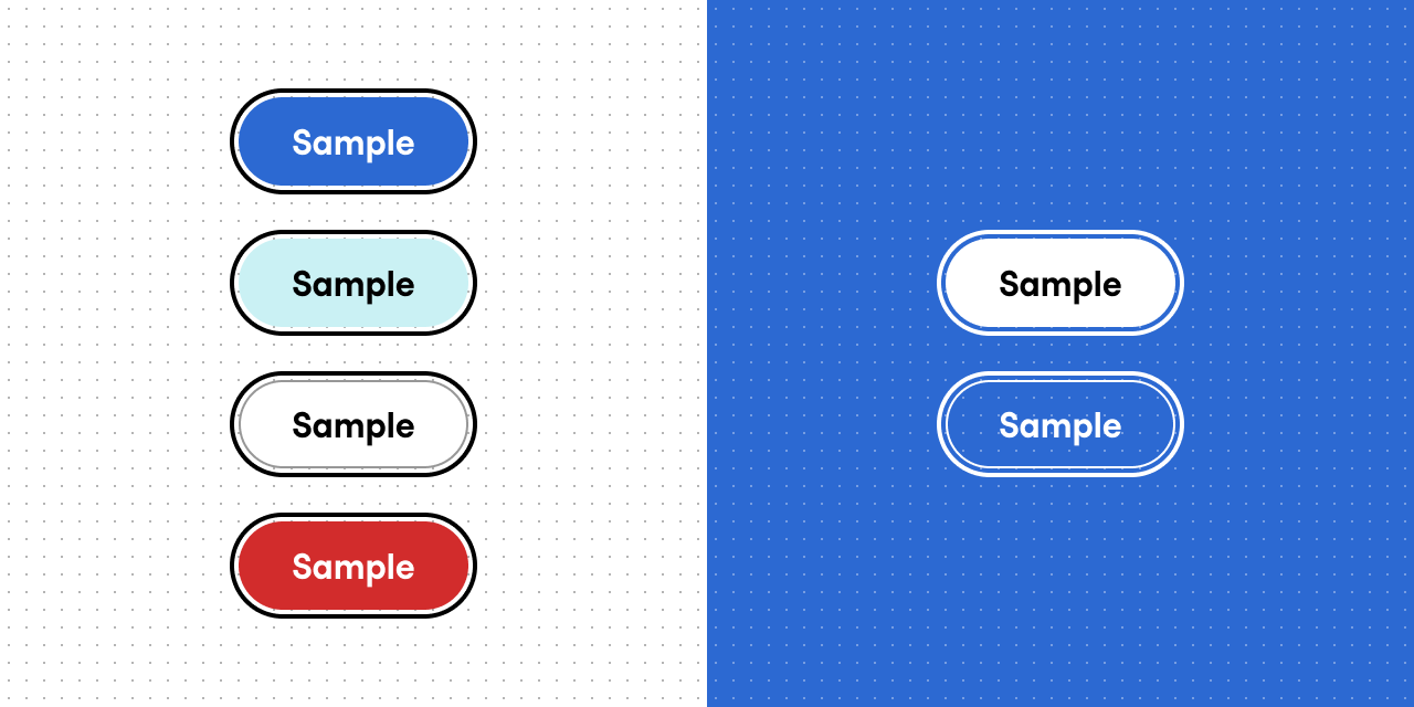 On the left side, on a white background, there are four buttons in different color styles. All four buttons are surrounded by a thick black outline. On the right side, on a solid blue background, there are two buttons: a solid white and an outlined one. Both are surrounded by a thick white outline.