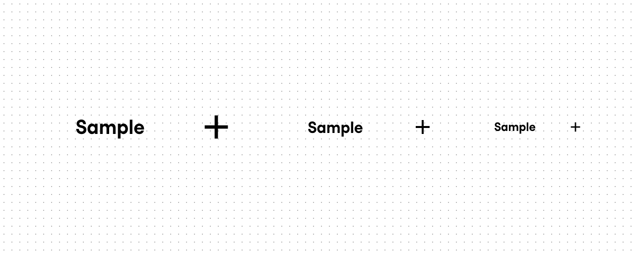 A lineup of buttons lacking background or outline displayed in three sizes: large, medium, and small. Each size category features a text button and a corresponding icon button.
