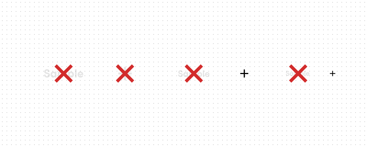 A diagram showing the removal of specific button variants using red "X" marks. The large text and icon buttons are both crossed out. For the medium and small sizes, only the text buttons are crossed out, leaving the standalone icon buttons available.