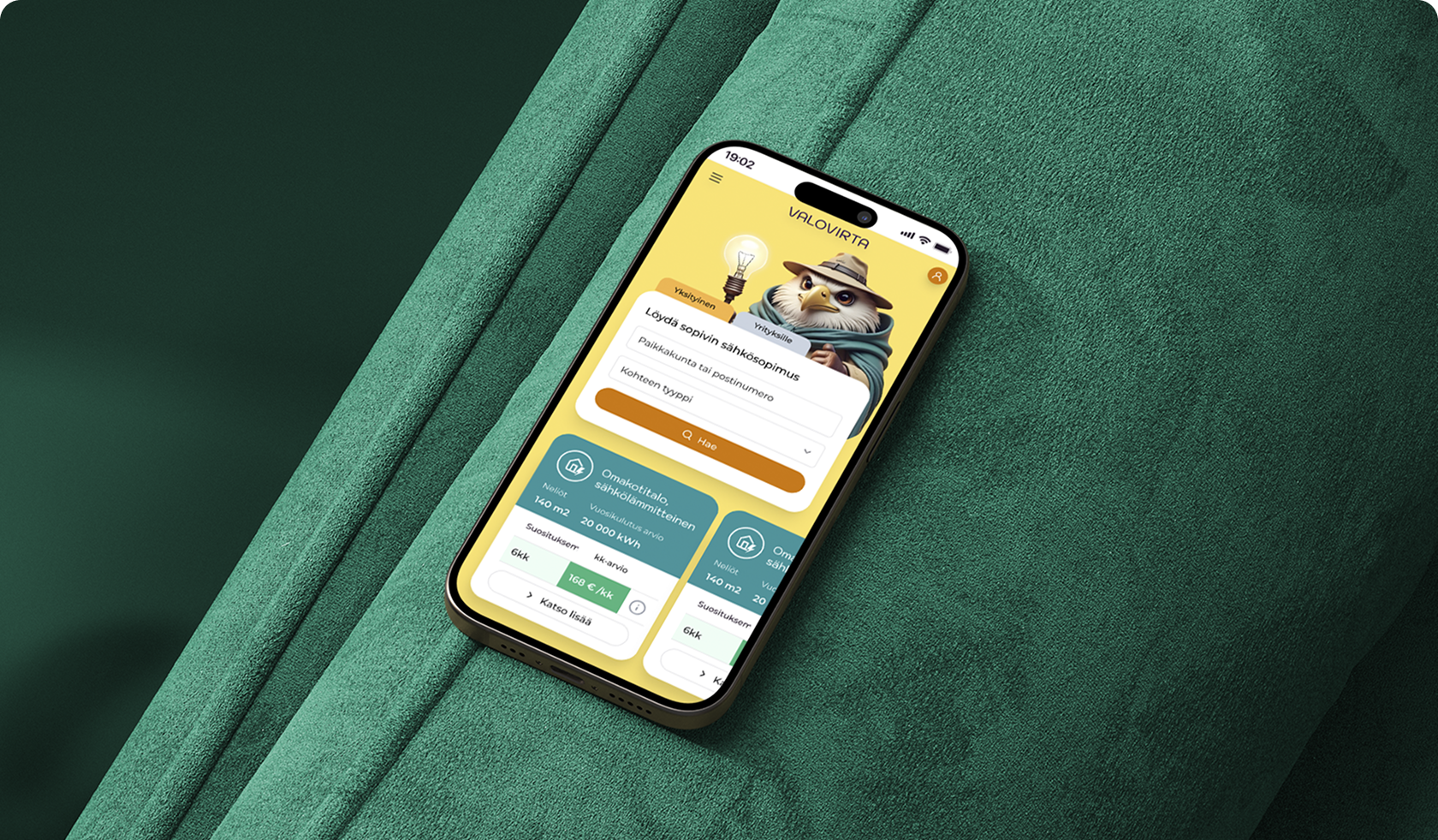 Valovirta app on a mobile phone mockup
