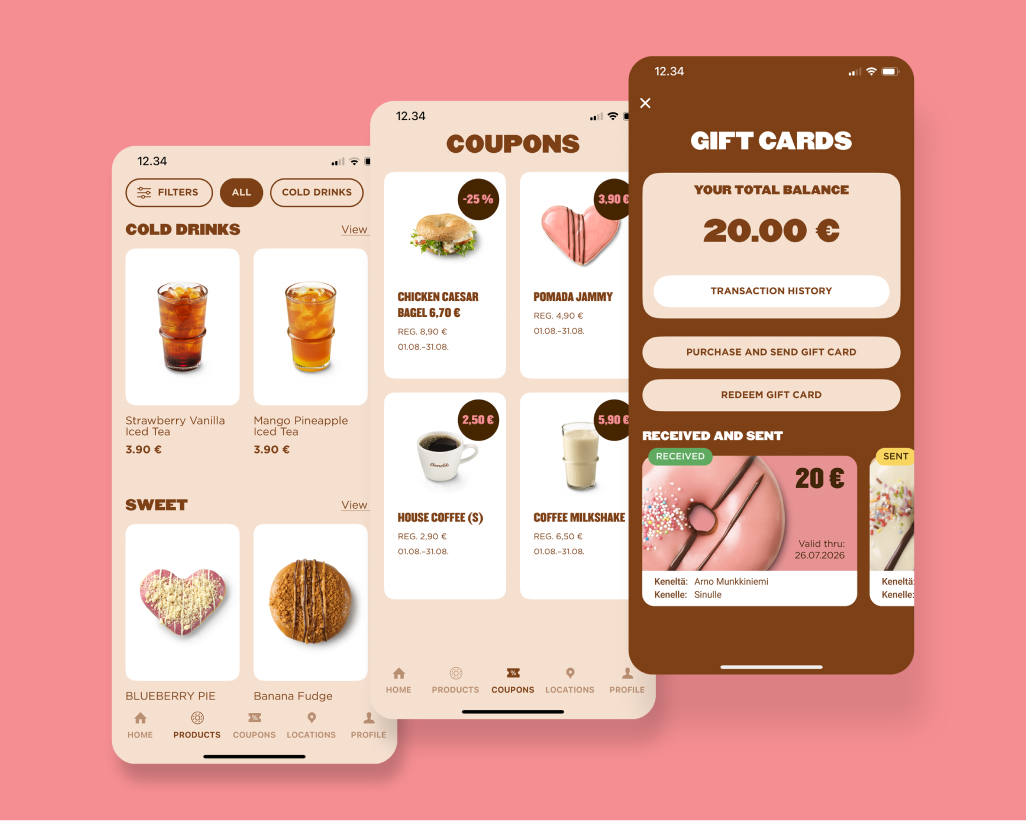Arnolds mobile app with three different UI views: product listing, coupons and gift cards.