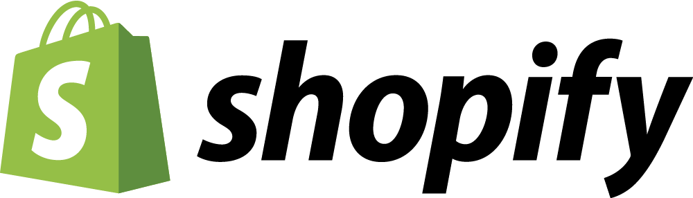 The logo for Shopify. On the left is a green handbag with a white "S" in it. To the right is "Shopify" in black text.